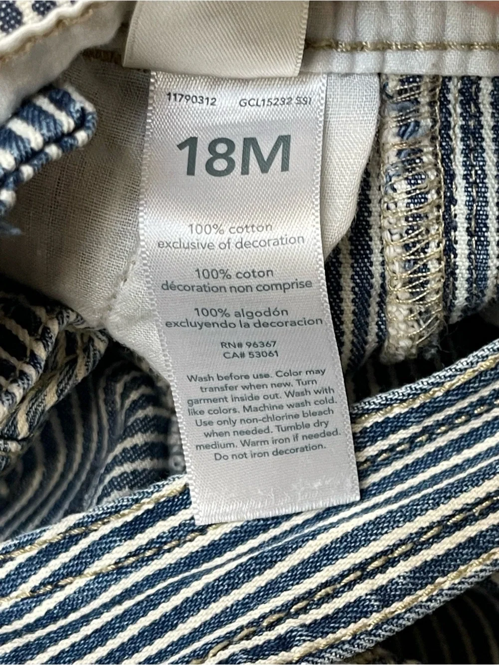 Vintage OshKosh B'gosh Blue and White Striped Overalls Size 18M Worn In